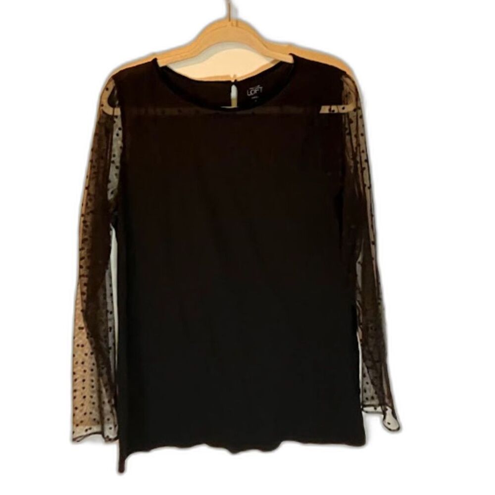 Loft Blouse SZ XL Black w Sheer Black Polka Dot Long Sleeves Whimsigoth Classic